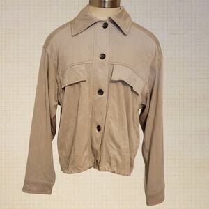 Max Studio London Beige Cropped Button Front Drawstring Sweater Medium